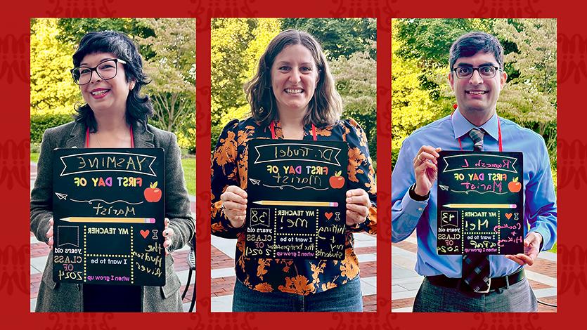 Image of New faculty Dr. Ramesh Laungani, Dr. Sierra Trudel, and Dr. 雅思敏·奥维斯，在迎新课上玩得开心点. Megan Dwyer/Marist College拍摄.